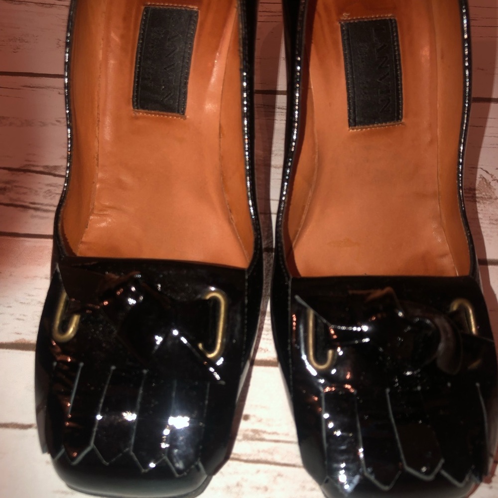 Beautiful Lanvin Black Patent Square Toe Fringe Metal Pump - Picture 12 of 13